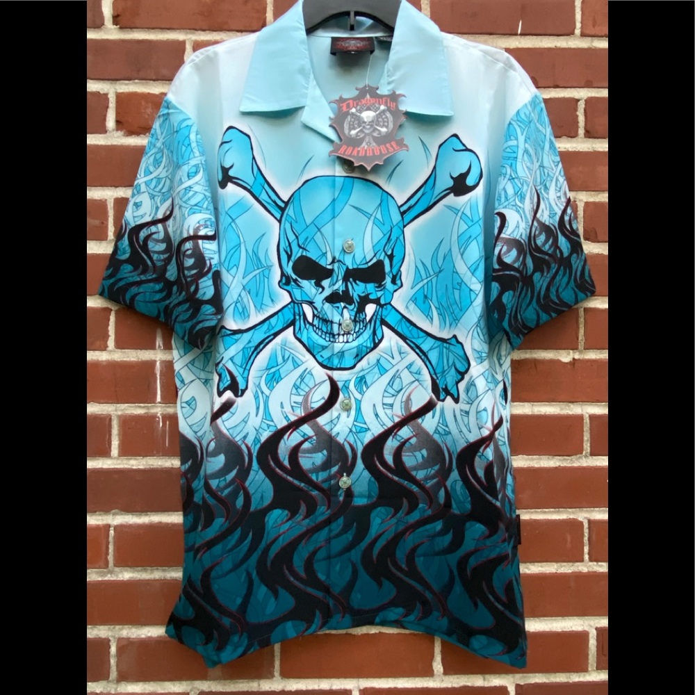 Dragonfly Roadhouse Vintage “Ghost Flame” Skull•Mens•Button Down•Shirt•NWT! M